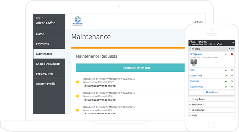 2 AppFolio screenshots: a maintenance request list on a tablet & an inspection checklist on a phone.